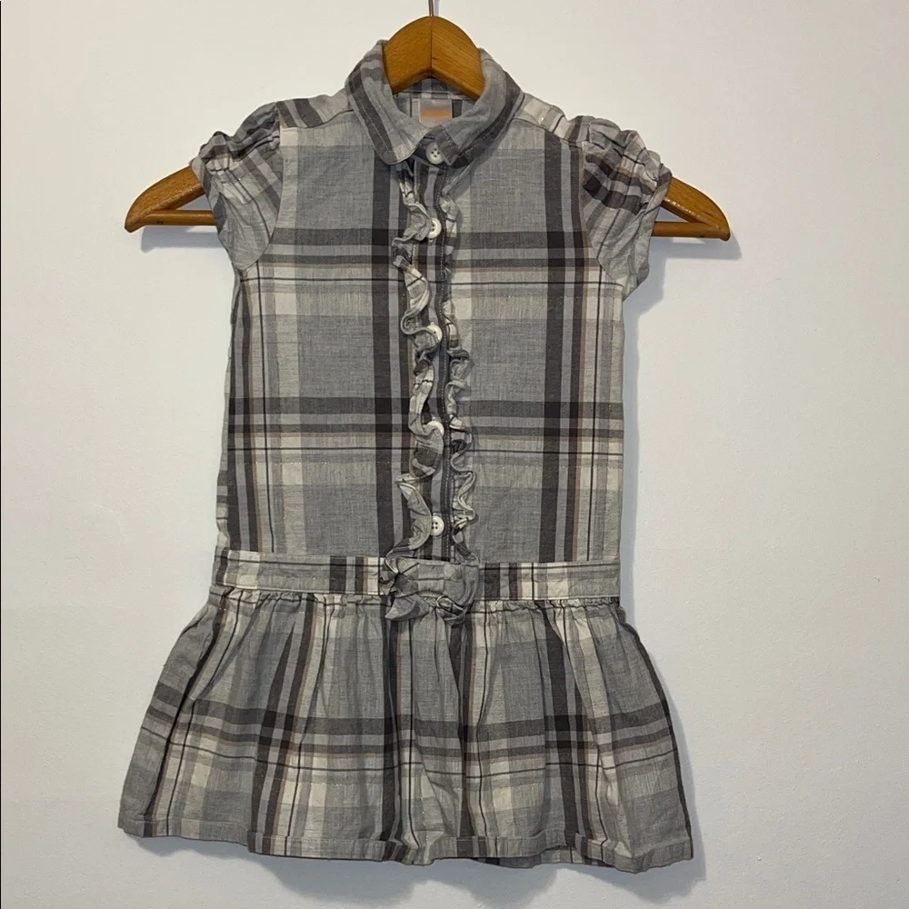GYMBOREE Girls 5 Plaid Ruffle Dress Drop Waist Puff Sleeves Cotton Holiday Gold